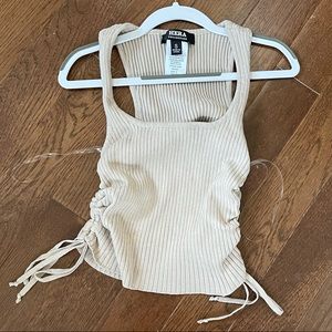 HERA Tan Ties Ruched Tank Top Ribbed Halter Top